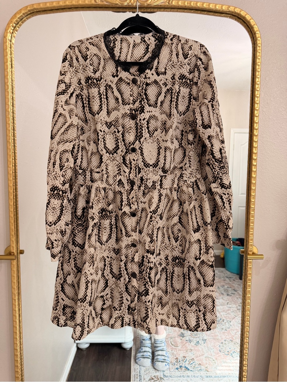 SHEIN Beige and Black Snake Print Button Front Blouse